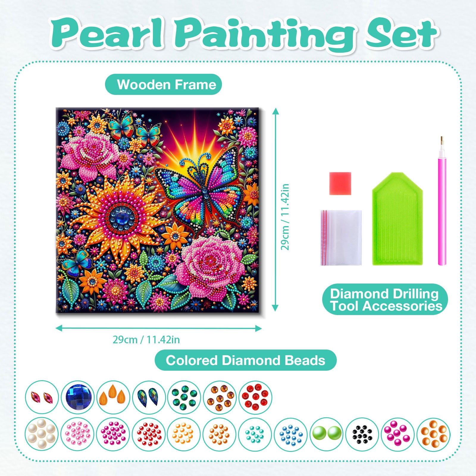 FLOPESN DIY Pearl Painting Kit with Wood Frame, 11.42x11.42 Inch Home Wall Art Decor, Mindful Adult Craft for Stress Relief and Relaxation-Butterfly-3