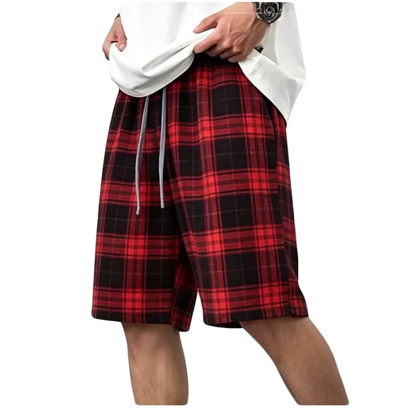 Mifsaly Plaid Shorts Men Elastic Waist Drawstring Casual Summer Shorts Relaxed Fit Soft Breathable Lounge Wear Bermudas Shorts with Pockets Red,M