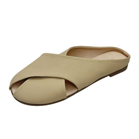 

uikmnh Women Slippers Summer Women Slippers Cross Strap Fish Mouth Solid Color Flat Casual Comfortable Khaki 8