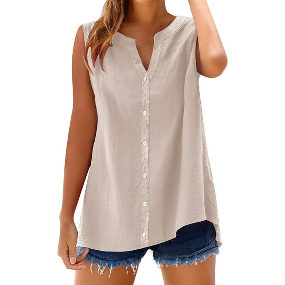 Tank Top for Women Under 20$, Beige Y2K Tops Baberdicy Cotton Linen Shirts for Women Sleeveless Collared Tops Oversized up Blouses Work Shirts Casual Summer Tshirt