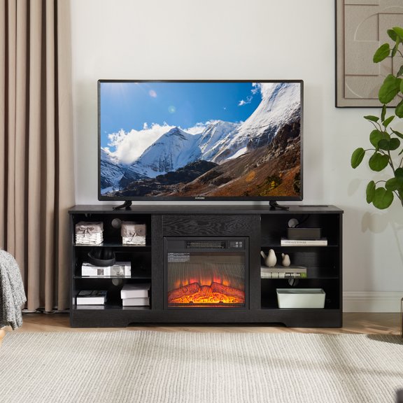 58" Modern Electric Fireplace TV Stand for Tvs up to 62 Inch, Entertainment Center with LED Lights and USB Charging Outlet, TV Media Console Cabinet with Glass Shelves for Living Room, Black