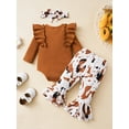 thumbnail image 3 of 3pcs Newborn Baby Girl Pants Set Ribbed Long Sleeve Romper Tops + Flare Trousers + Headband, 3 of 8