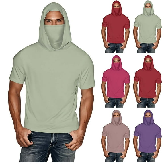 Fanxing Big and Tall Cooling Sun Shirts for Men with Hood Short Sleeve Lightweight Tees with Masks Fishing Hoodie Green,XXXXXL