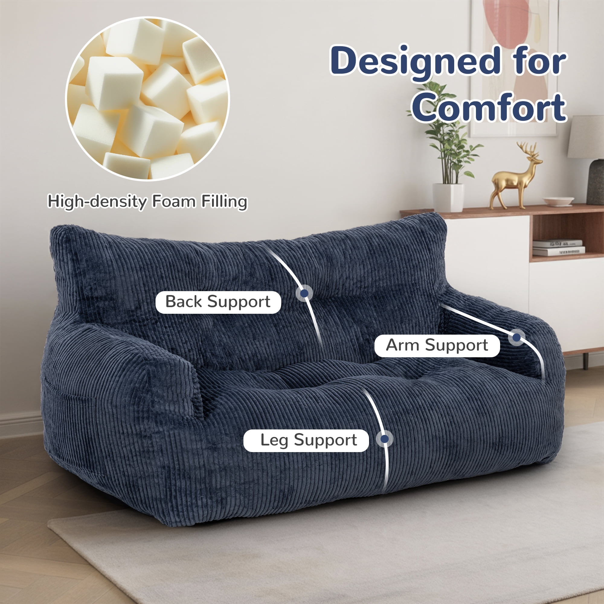 Pamapic Blue Bean Bag Chair, Double Seater Corduroy Lazy Sofa