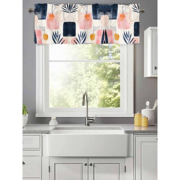 Boho Sun Abstract Leaves Valances for Windows,Kitchen Valance Rod Pocket Short Curtain,Pink Gradient Color Block Valance Curtain Window Valances for Bedroom Living Room 42x12in