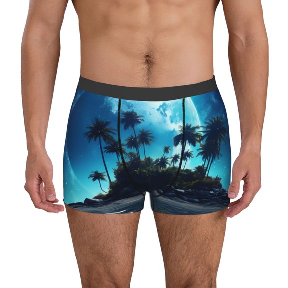 Gukieu Hawaiian Beach Pirate Moon Print Men's Boxer Briefs, High Elastic Moisture Wicking Boxer Briefs Underwear-Small
