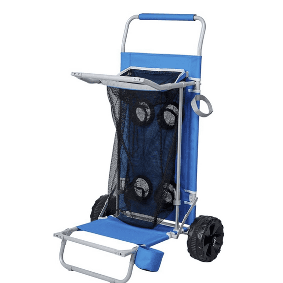 Beach Cart with Big Wheels for Sand, Collapsible Utility Folding Beach Wagon with Four Cup Holders, Big Mesh Storage Capacity for Outdoor Camping Shopping, Supports 100lbs, Blue