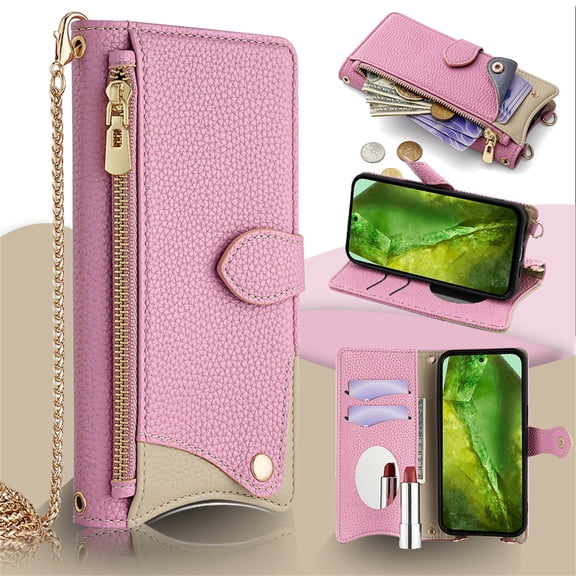 Allytechgroup Wallet Case for Google Pixel 7 Pro with Makeup Mirror, Detachable Metal Shoulder Strap Cards Slots Zipper Pocket Shockproof Protective Phone Case for Google Pixel 7 Pro, Pink