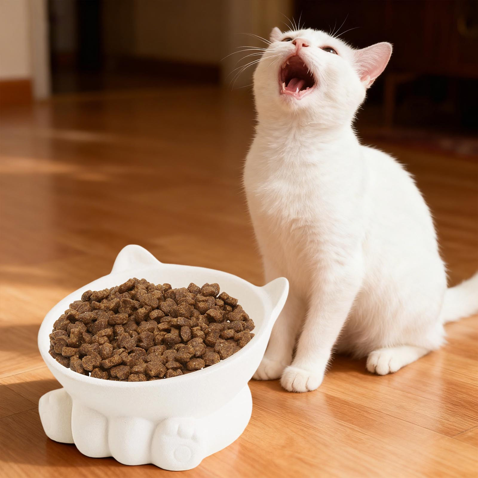 Cute Anti-Choke Cat Bowl with Cervical Spine Protection, Non-Spill and Non-Tip Design, Prevents Black Chin, Ceramic Material