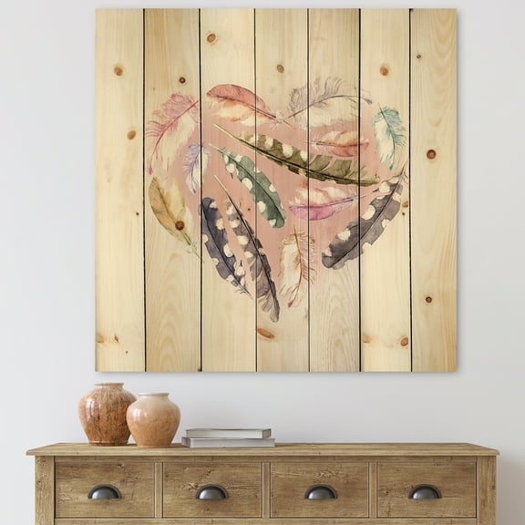 Designart 'Ethnic Feather In Heart Shape' Bohemian & Eclectic Print on Natural Pine Wood