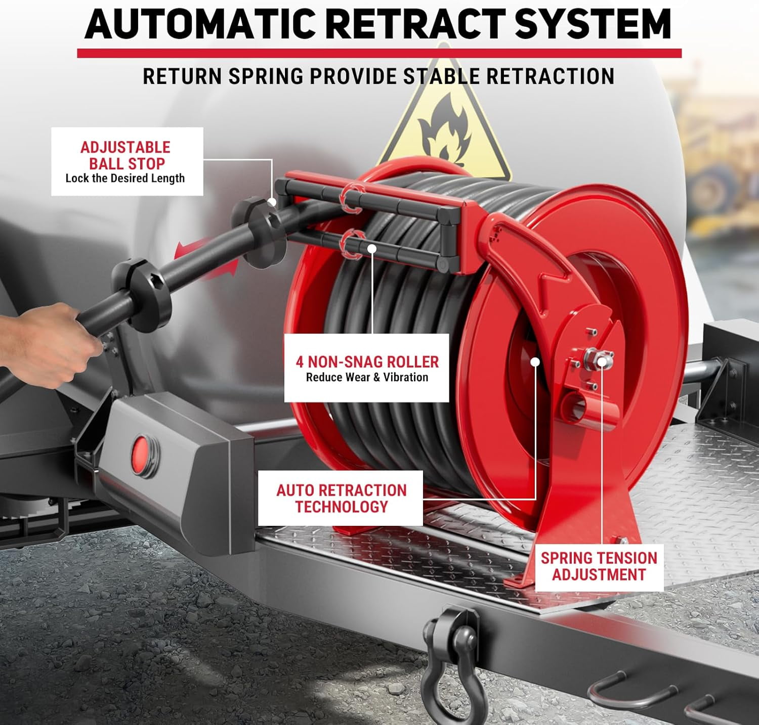 XUTUMM Fuel Hose Reel Retractable 1" x 50' Adjustable Dual Arm, All-weatherAuto Rewind, Heavy Duty Steel, with Fueling Nozzle for Aircraft Ship Vehicle Tank Truck, 300 PSI