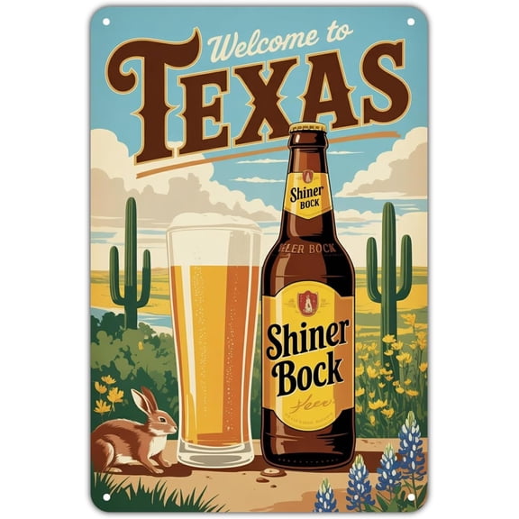 Texas Beer Welcome tin sign, Vintage Shiner Bock Beer Metal Sign print Aesthetic Room Decoration for Home Bedroom Kitchen Bar Coffee Bathroom Indoor Outdoor Wall Decor, 8 X 12 IN