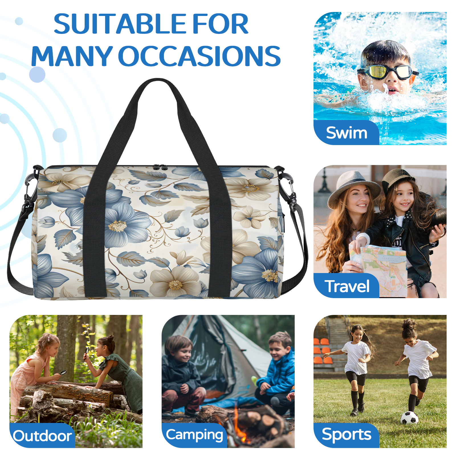 Herdesigns Boho Floral Gym Bag for Women, Duffle Bag for Travel Sport, Beige Blue Grey White Flower Lightweight Waterproof Carry on Weekender Dance Yoga Workout Bags