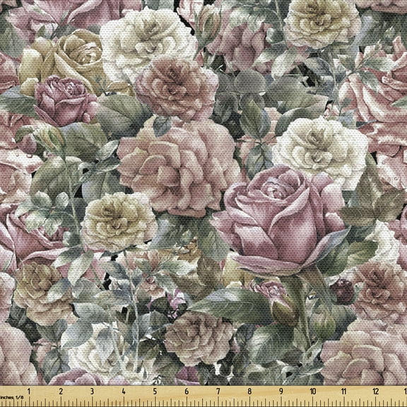 Ambesonne Roses Fabric by the Yard Upholstery, Exotic Garden Wild Floral Art, 1 Yard, Sage Green Pink and Blush