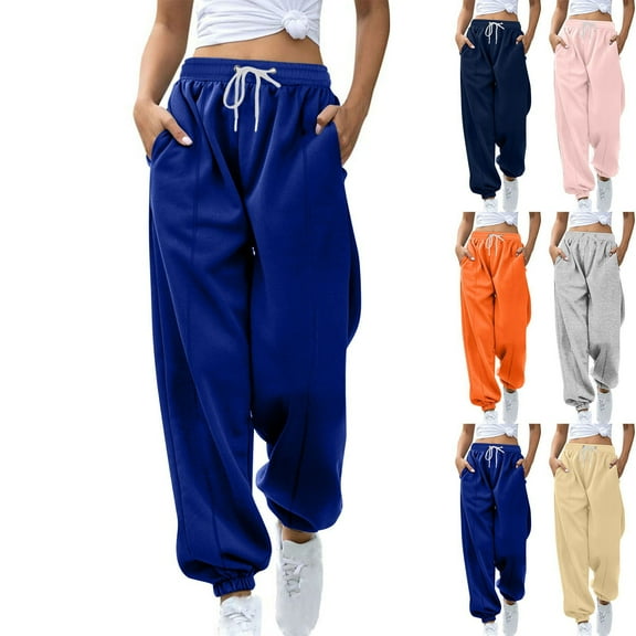 Frostluinai Oversized Sweatpants for Women Elastic Waist Drawstring Baggy Sweat Pants Solid Fleece Lined Cinch Bottom Fall Joggers with Pocket