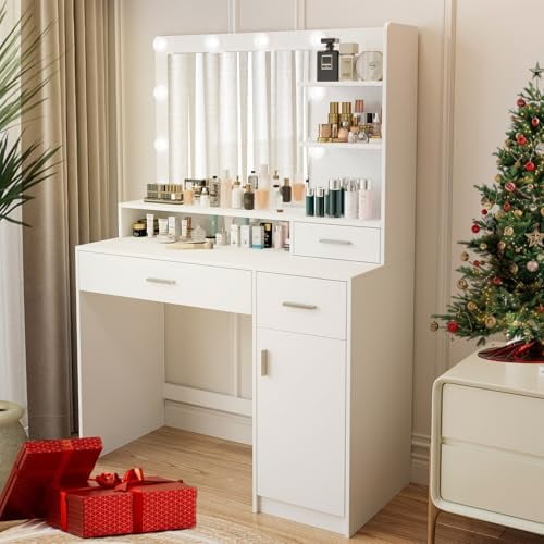 Vanity Desk with Mirror and Lights,Makeup Vanity Desk with 3 Drawers &Storage Shelves &Large Cabinet,3 Color Modes Available Makeup Vanity Table for Bedroom White$$Home Decor, Kitchen, & Other
