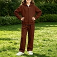 thumbnail image 5 of JULMCOMO Girls Sweatsuits Fleece Full Zip Up Long Sleeve Comfy Hoodie Casual Tracksuits Drawstring Loose Sweatpants Soft Two Piece Sets with Front Pocket Brown 5-6 Years, 5 of 6