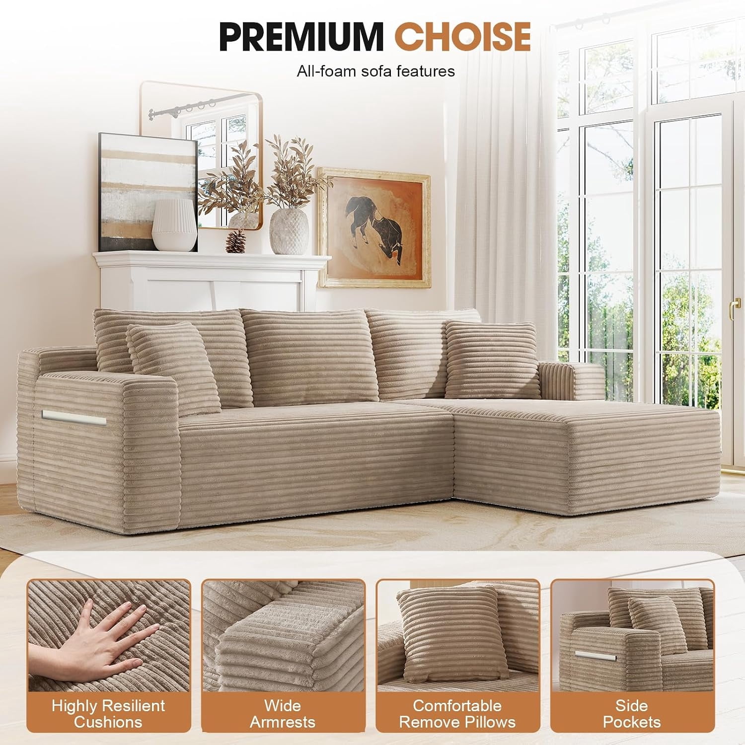 MOONMISS L-Shaped Cloud Sectional Couch with Chaise,Modern Corduroy Upholstered Modular Boneless Sofa,No Assembly for Living Room Apartment(Camel,Right)
