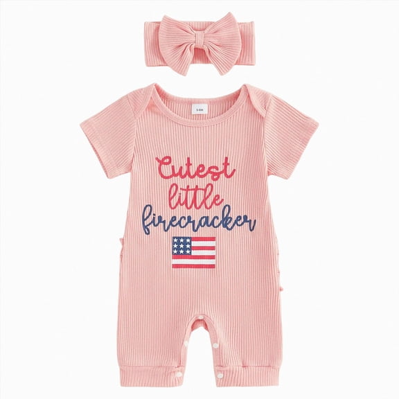 felwors Baby Girl Independence Day Outfit My First 4th of July Onesie Romper Ribbed Knit Jumpsuit with Headband,Red,Newborn