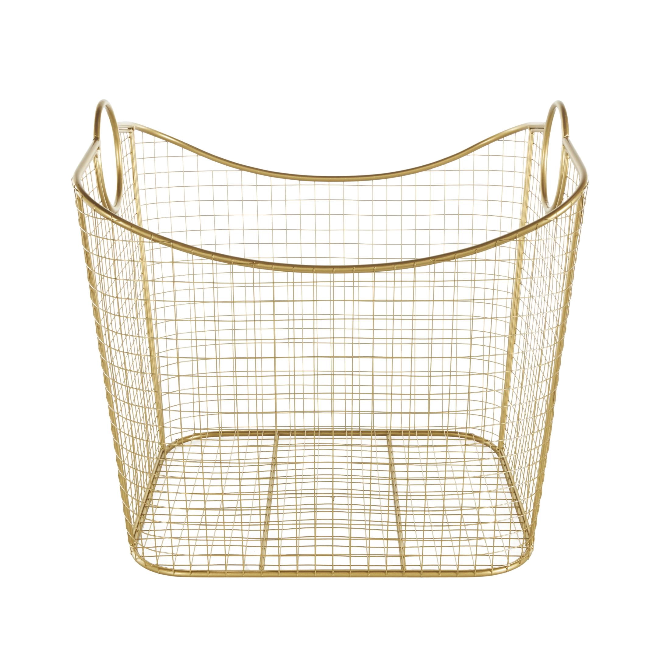 DecMode 20" x 19" Gold Metal Deep Storage Basket with Curved Sides and Ring Handles, 1-Piece