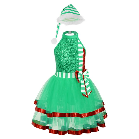 YiZYiF Girls Sparkly Dance Figure Ice Skating Dress Ballet Tutu Christmas Party Performance Costume Green 10