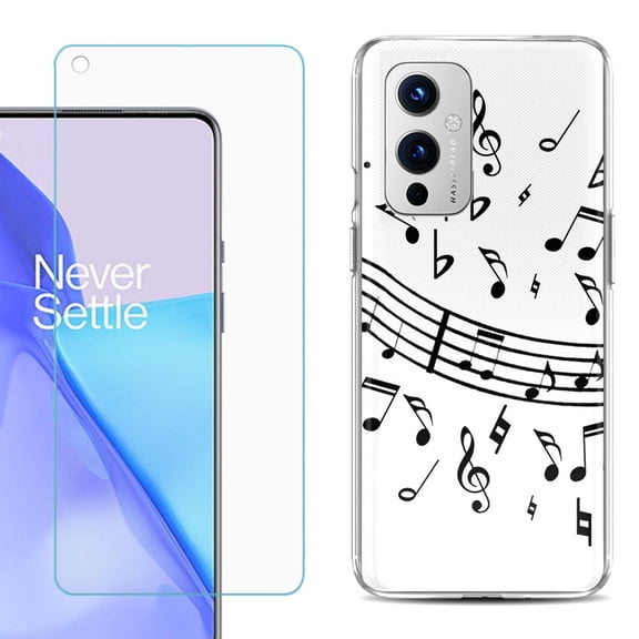 Slim-Fit TPU Phone Case Compatible with OnePlus 9 5G, with Tempered Glass Screen Protector, by OneToughShield ® - Music Notes / White