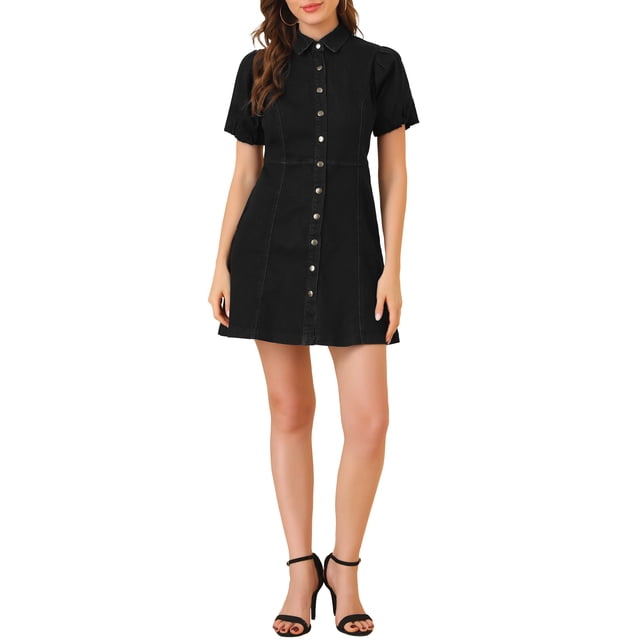 Vestido de mezclilla para mujer Inspire Chic, con mangas cortas abullonadas y botones, talla 2XL, color negro