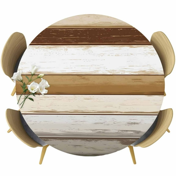Brown Wood Grain Round Tablecloth 45-54 Inch Round Fitted Table Cloth with Elastic Edge, Vintage Country Geometric Striped Waterproof Table Cover Protector for Outdoor Picnic Party Dining