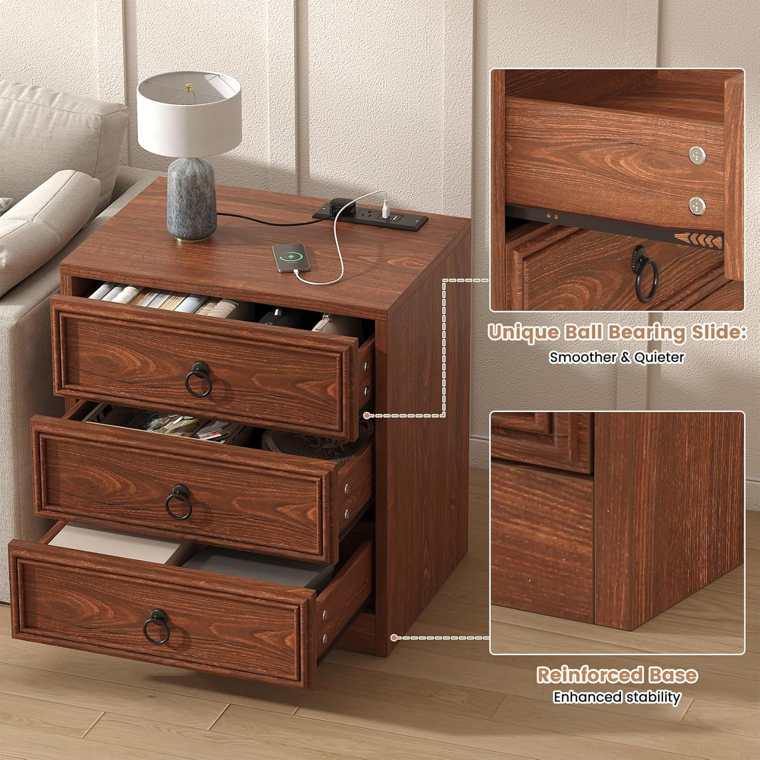 Winkalon 3 Drawers Farmhouse Nightstand with Charging Station, Rustic Bedside Tbale with Drawers for Bedroom, Vintage End Table for Bedroom Living Room, Cherry