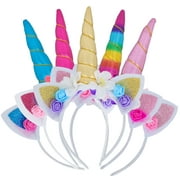 5 PCS Unicorn Horn Headband Flower Ears Headband Rainbow Color 5 Pack in Different Design for Girl Party Birthday Cosplay Festivals