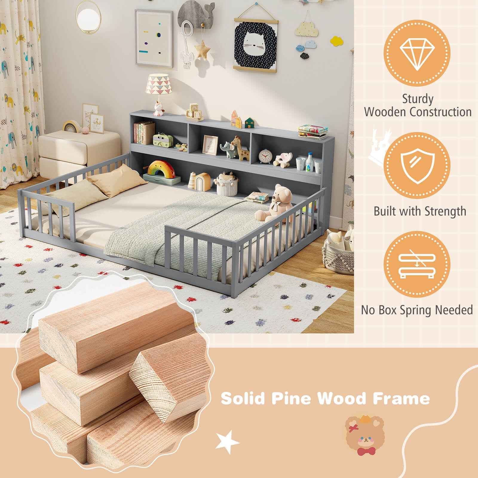 Costway Full Size Montessori Floor Bed with Bookcase Storage Shelves & Safety Fence Rails Gray