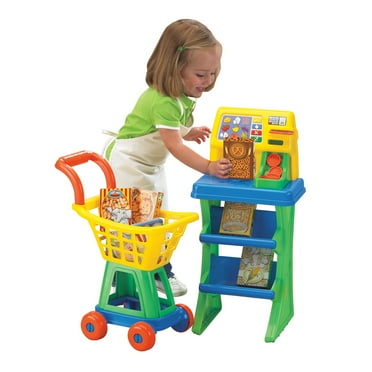 American Plastic Toys My Very Own Market Stand Set with Cash Register and Shopping Cart, 13 Piece Set for Kids