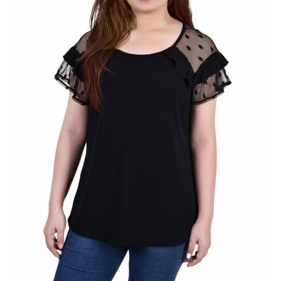 NY Collection Womens Short Dot Pullover Blouse, Black, Petite, PM