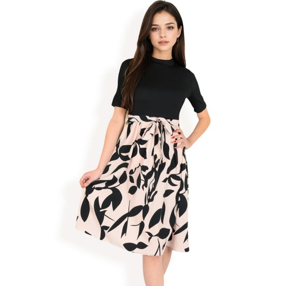 Women's High Neck Short Sleeve Dress with Contrast Leaf Print A-Line Skirt and Tie Waist- Black,Medium