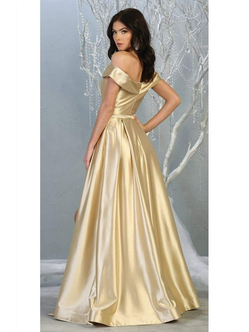 metallic a line dress Gold Metallic Pleated A-line Long Prom Dress – Dressesforparty main image 0