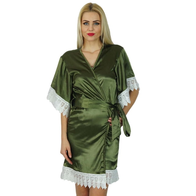 Bimba Women Kimono Sleeve Short Satin Robe Bride Bridesmaid Robe Lace Coverup