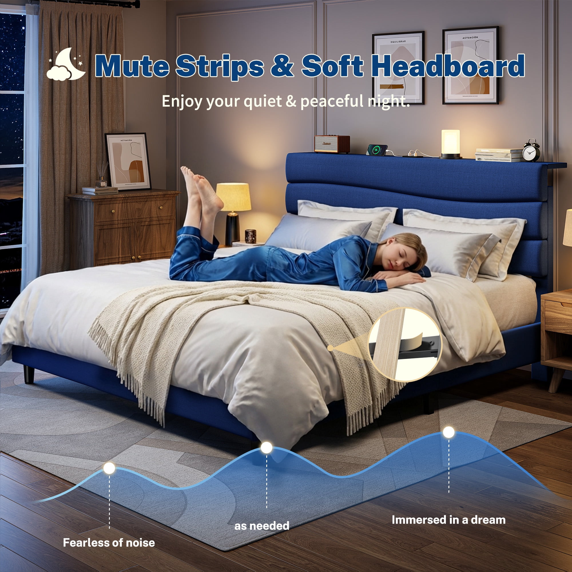 EnHomee Upholstered Bed Frame with Adjustable Headboard Queen Size Bed Frame with Charge Station & Storage, Navy Blue, No Box Spring Needed, Noise Free