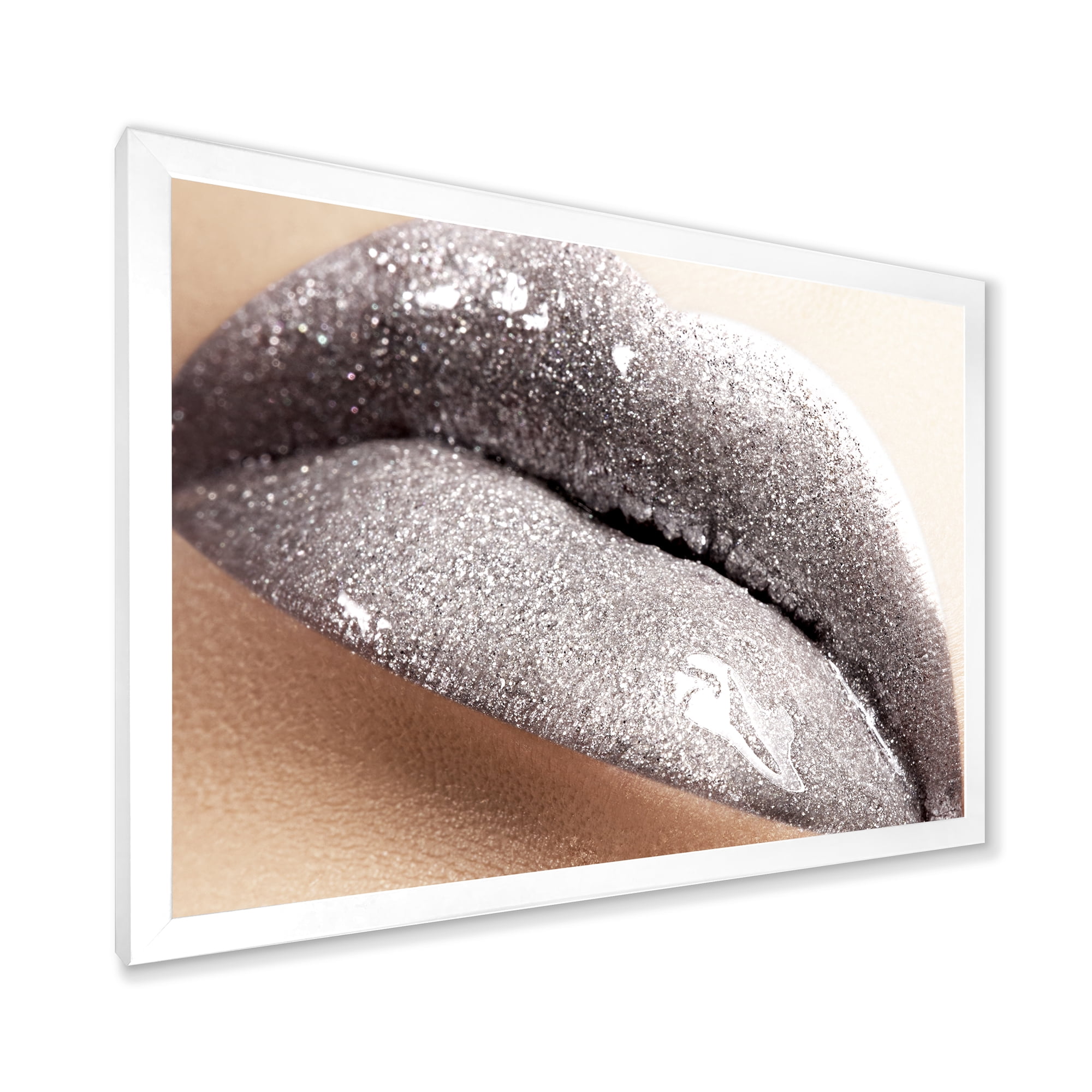 Designart 'Close Up of Female Lips With Glittering Silver' Modern Framed Art Print