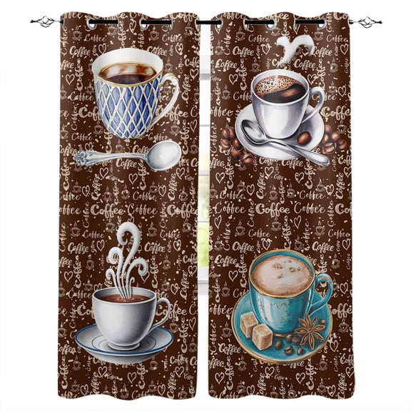 Fsddascl Brown Coffee Farmhouse Blackout Curtains for Bedroom/Living Room, Thermal Insulated Kitchen Curtains, Coffee Cup Bean Sugar Retro Grommet Darkening Window Treatment Drapes 42"x84"x2