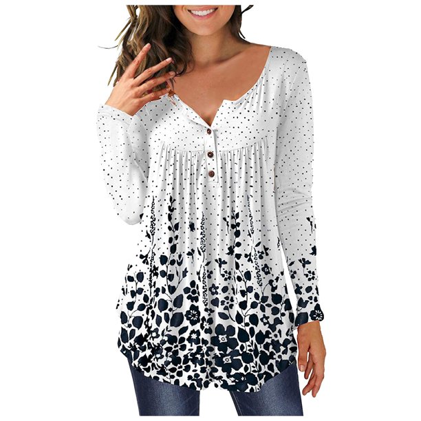Gibobby Playeras Mujer Blusa de mujer larga con cuello estampado redondo superior con botones de manga asimétrica para mujer(Blanco, XXXL)