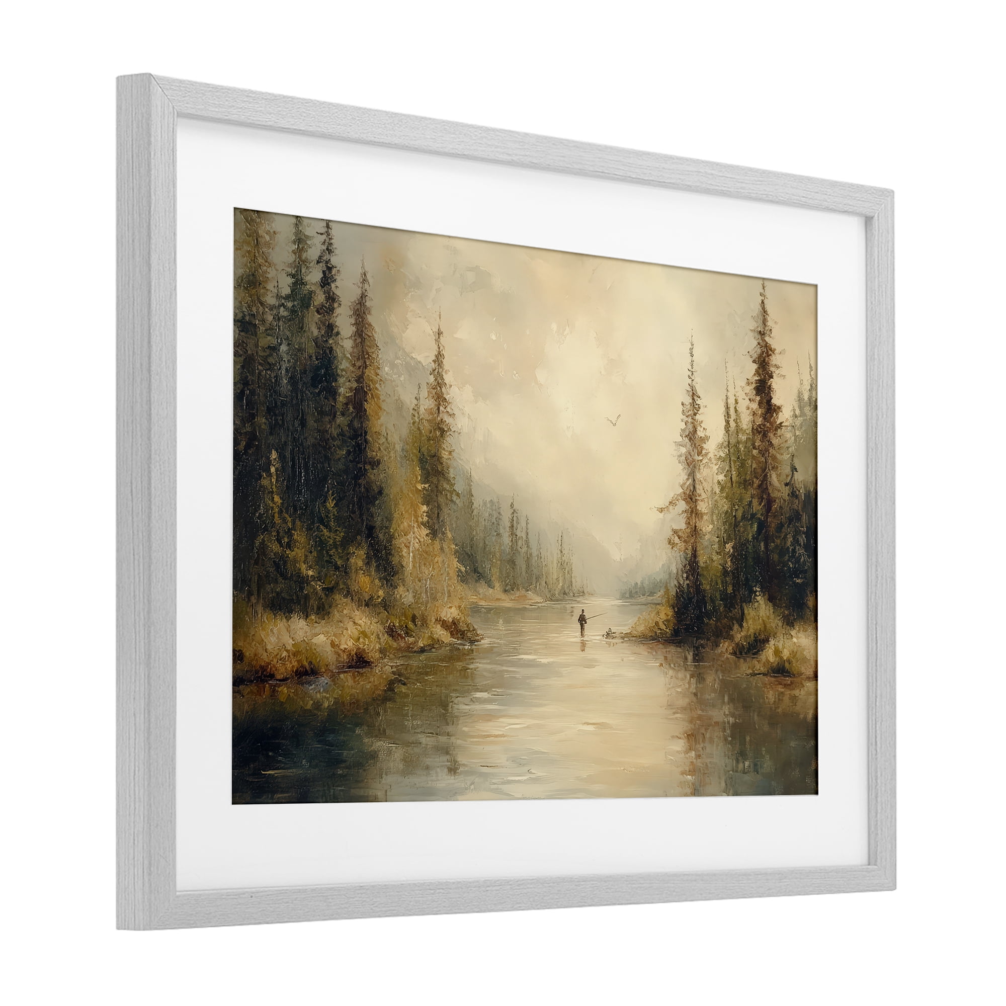 Stupell Industries Fly Fisher at Misty River Gray Framed Print Under Glass, design by Petal Prints Design