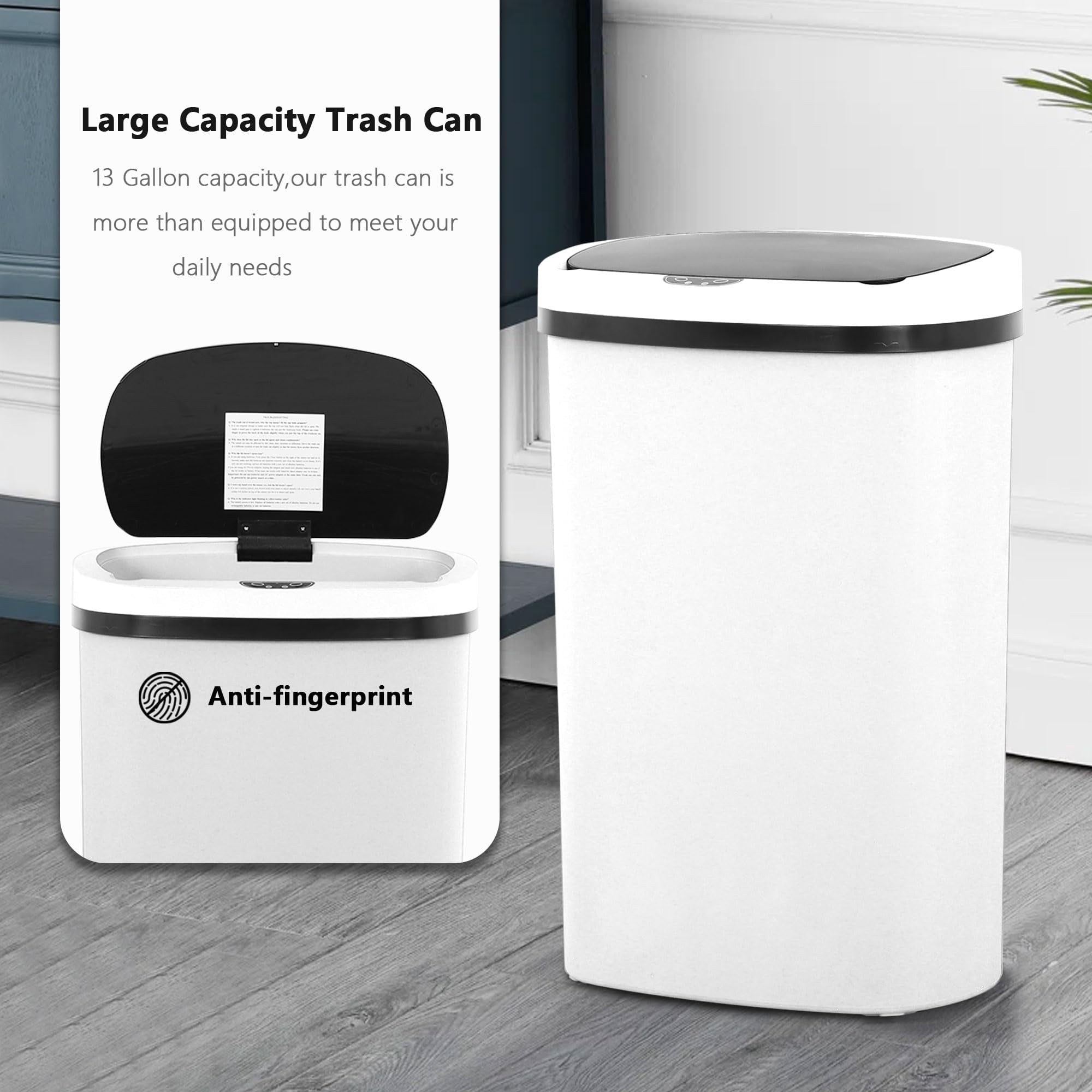 CL.HPAHKL 13 Gallon Kitchen Garbage Can, 50 Liter High-Capacity Broken-Resistant Plastic Garbage Can with Lid Smart Trash Can Touchless Automatic Trash Can for Home Kitchen Office (1, White)