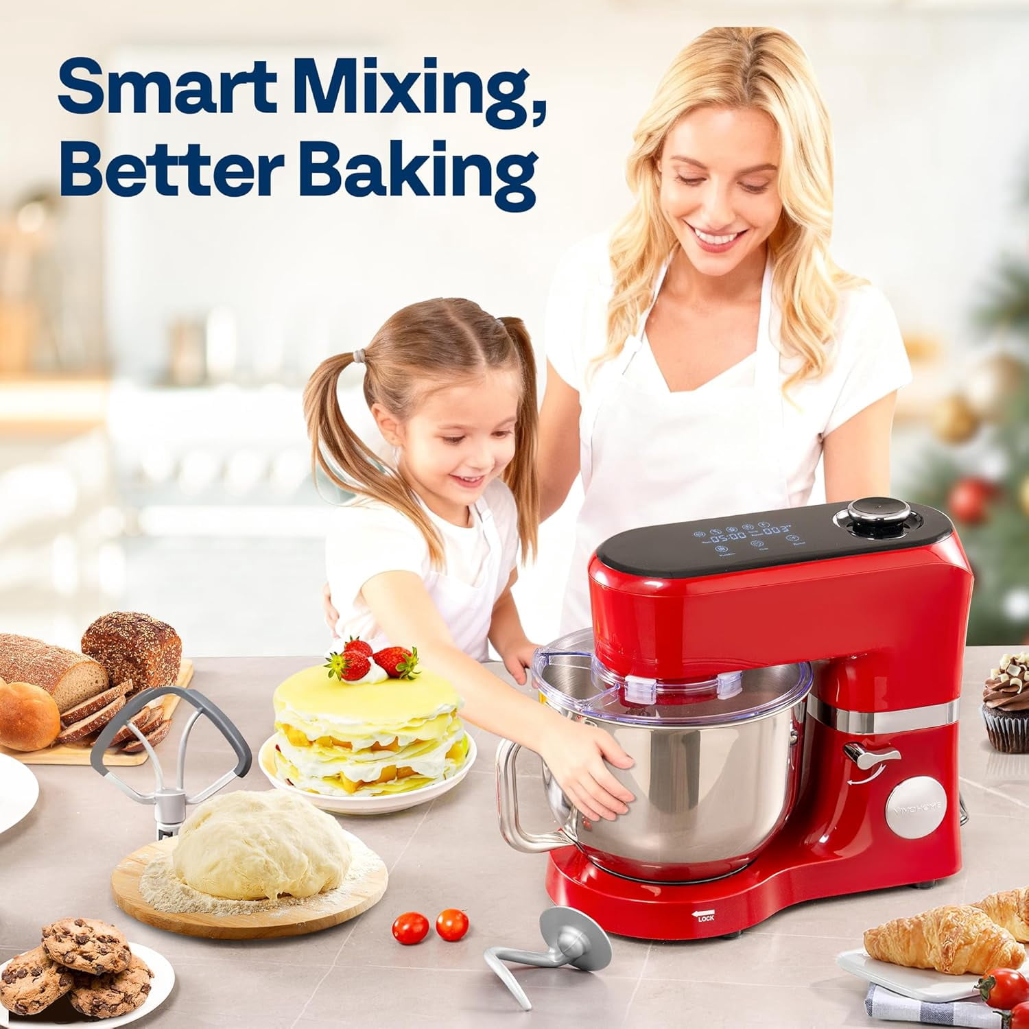 SPECSTAR Stand Mixer with Fermentation, One-Touch Presets Electric Dough Mixer with 6 Qt Bowl, Kitchen Standing Mixer for Baking, Cake with Flex Edge Beater, Bread Hook, Whisk, Red