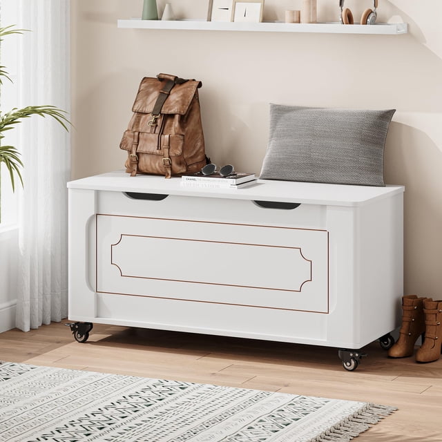 AKDSteel Storage Chest, 39.4" Wooden Storage Bench With 4 Wheels, 2 Safety Hinges, And Rounded Corners For Entryway Or Bedroom
