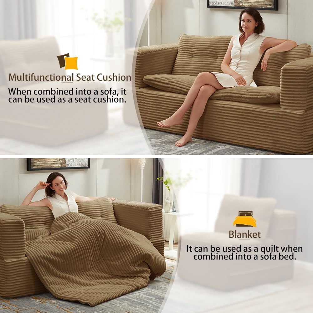 80" Folding Sofa Bed King Sleeper Sofa with Chaise Lounge, 2-in-1 Convertible Corduroy Boneless Couch with Blanket, Modern Loveseat Couches for Living Room, No Assembly Couch, Camel