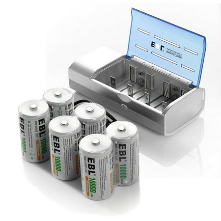 EBL 6-Pack 10000mAh Size D Rechargeable Batteries with C D 9V AA AAA Ni-CD Ni-MH Battery (Best D Size Battery Charger)