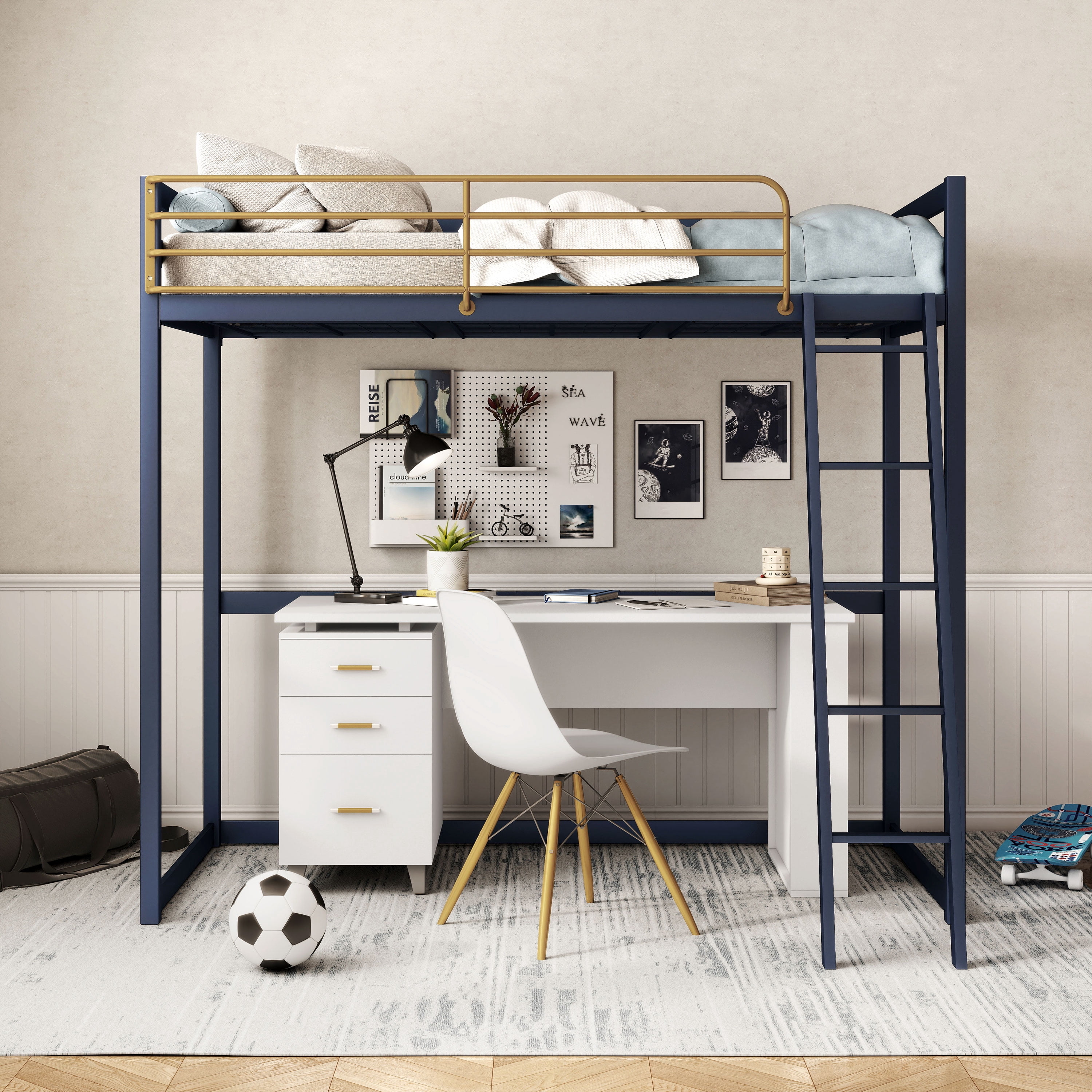 Furniture of America Two-Tone Kids Metal Twin Loft Bed with Guardrails, Blue and Gold