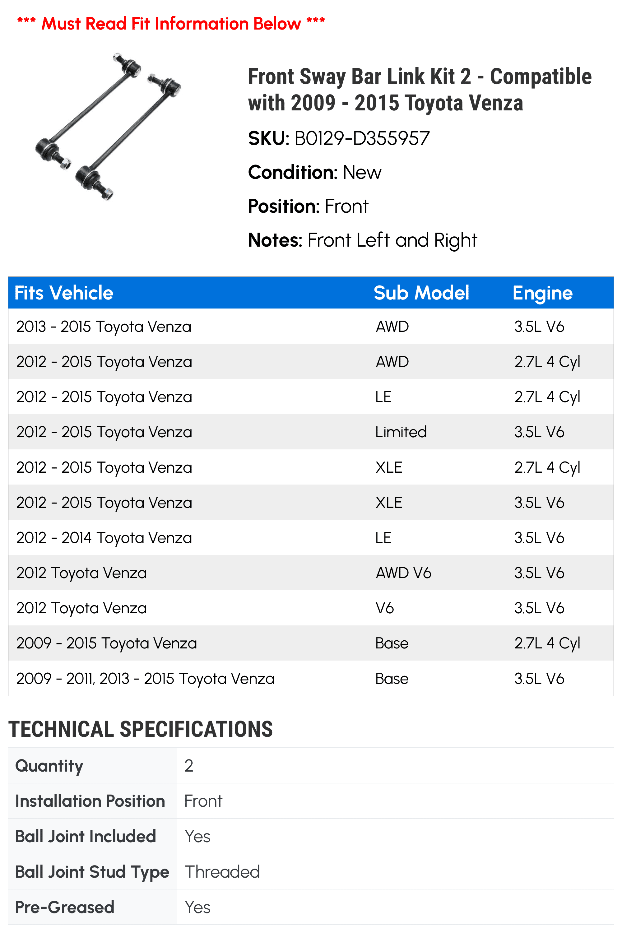 Front Sway Bar Link Kit 2 - Compatible with 2009 - 2015 Toyota Venza - Autopart Premium