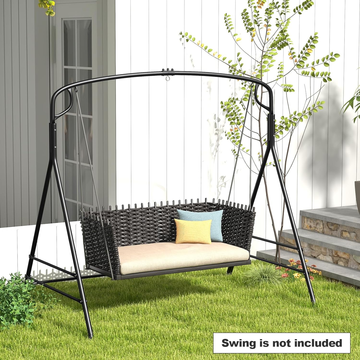 2 In 1 Upgraded Metal Outdoor Porch Swing Stand, Heavy Duty Hanging Swing Frame, Black