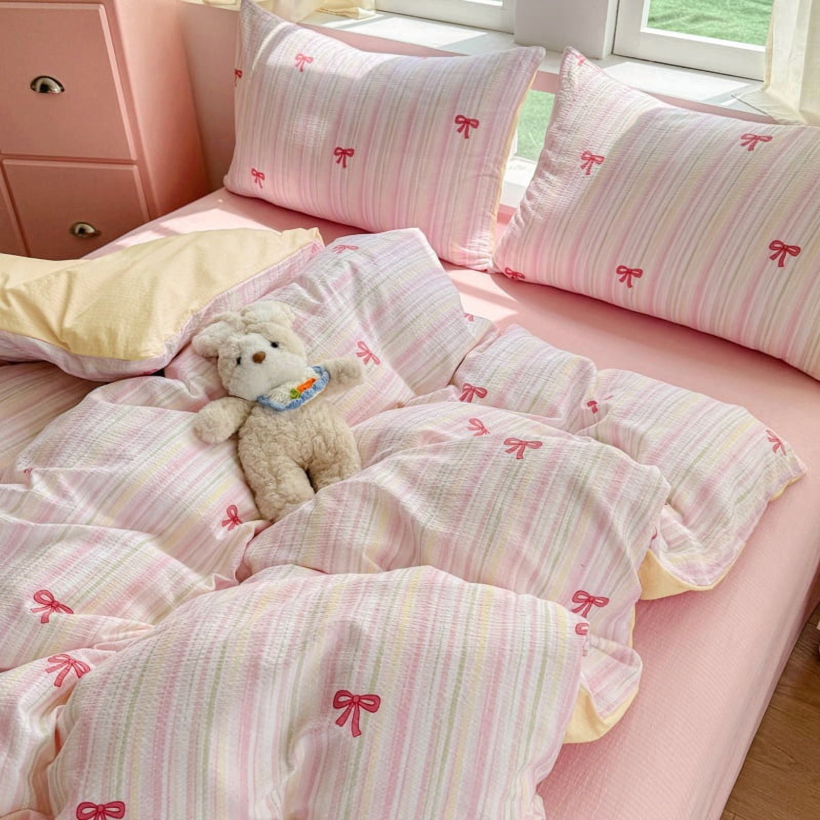 JOLUSERE 2-Piece Colourful Striped Girls Duvet Cover Twin Set, Reversible Pink Bows Soft Bedding Sets for Kids